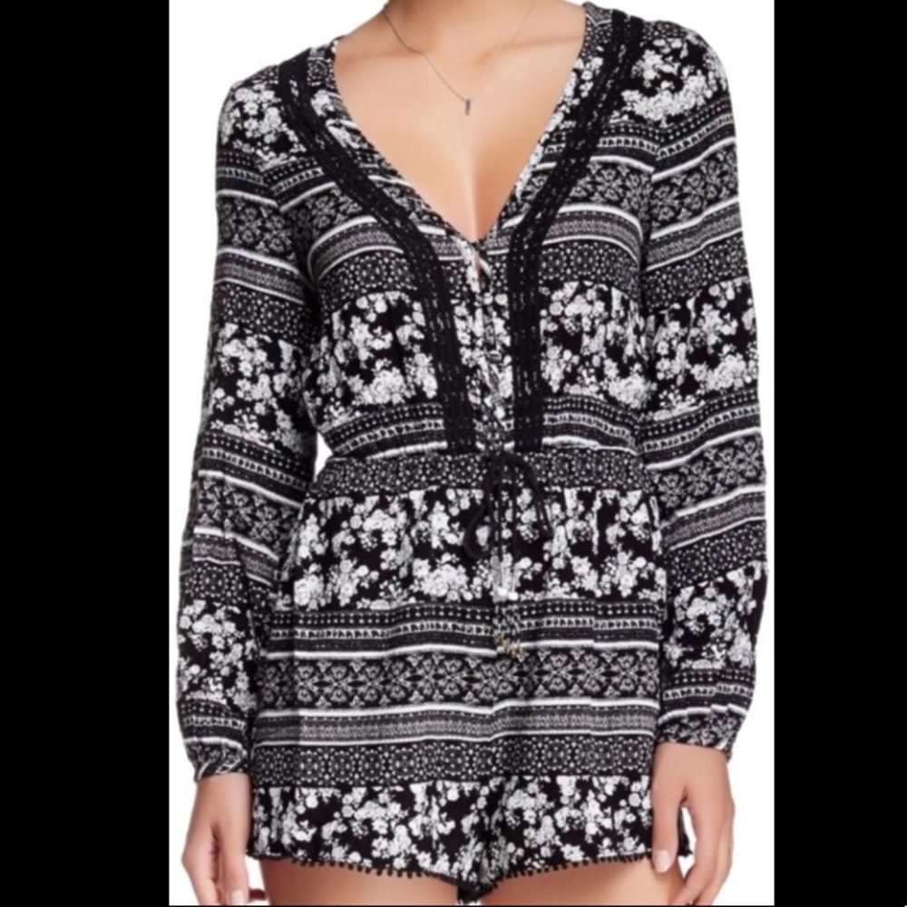 Black and White Floral Long Sleeve Romper